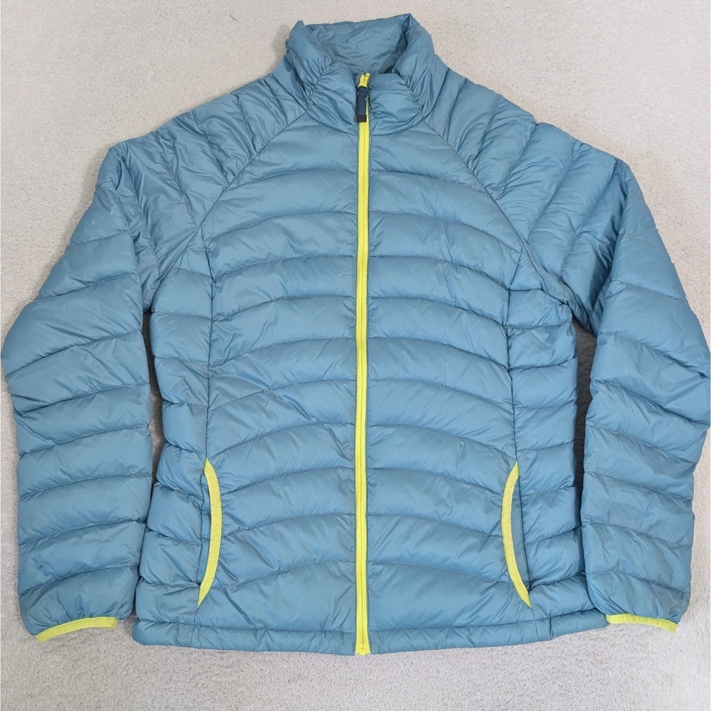 PRANA Women's M Down Insulated Lyra Puff Puffer‎ Jacket Blue/Yellow Full Zip